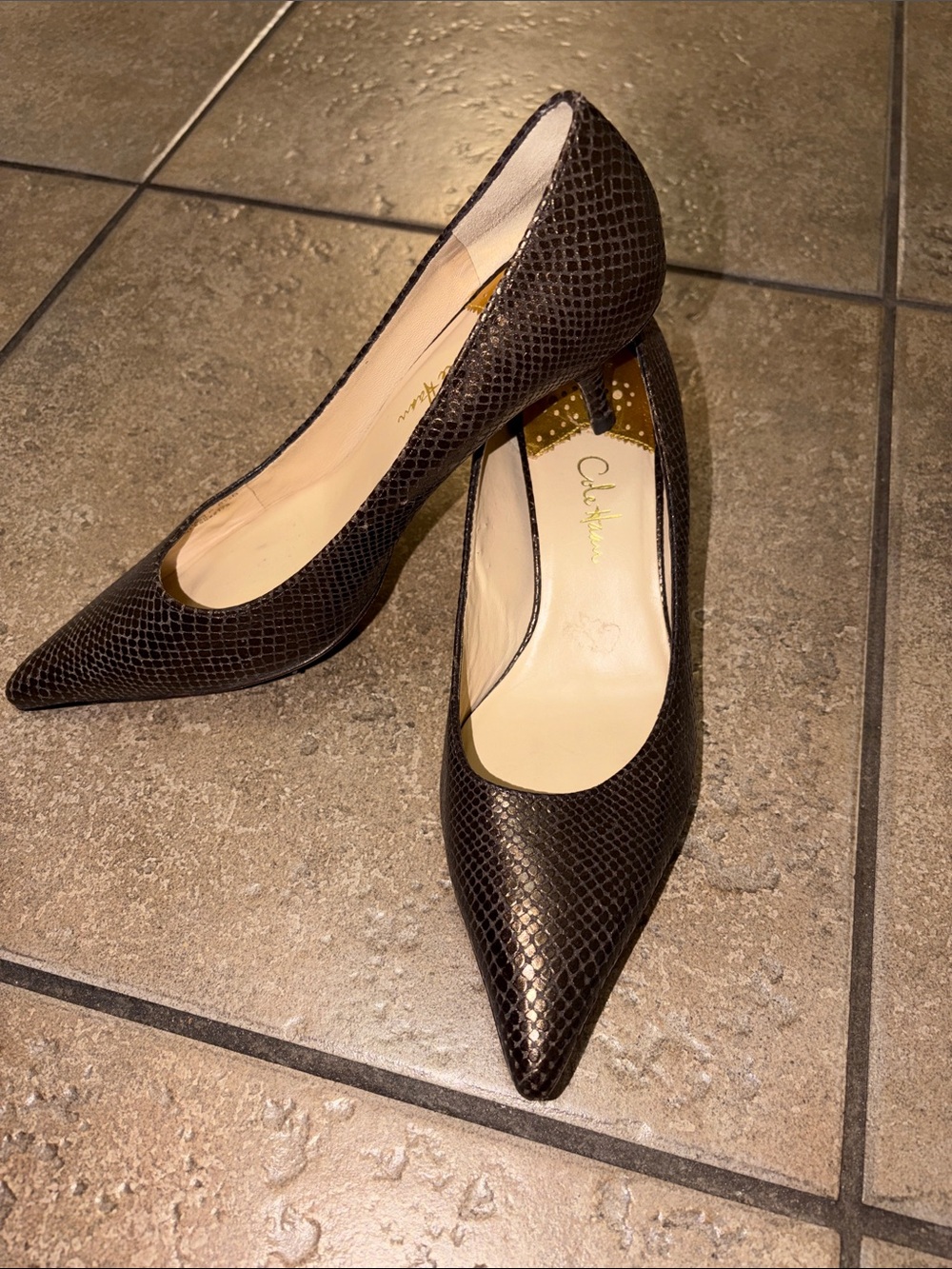 Cole Haan Dark Brown Snakeskin-Texture Pointed Toe Pumps - Picture 3 of 4